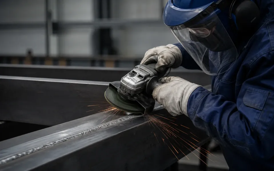 Metal fabricator finishing a welded steel beam